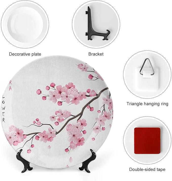 Ceramic Display Plate, Asian Ceramic Hanging Decorative Plate, Japanese Cherry Blossoms Spring Themed, 10 Inch, Living Room Kitchen Decoration Household, Pink White