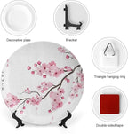 Decorative Plates, Asian Print Ornament, Japanese Cherry Blossoms Spring Themed, 7 Inch, 1 Plate with 1 Display Stand, Pink White