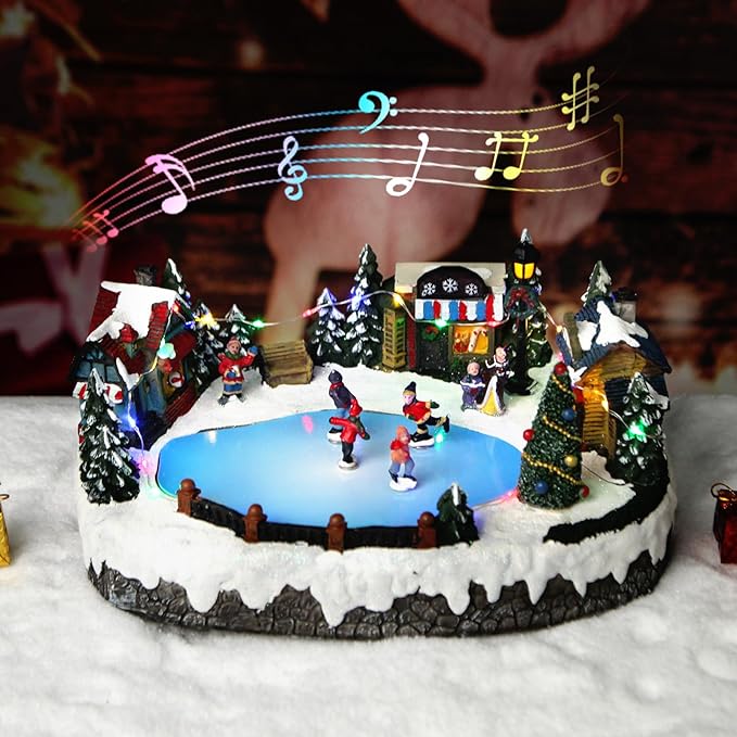 Christmas Village House Collectible Building Christmas Decor Estatua de la cabaña del Pueblo navideño Home Decoration Snow Globe Display Skating Pond Animated Theme Park with 8 Music (L)