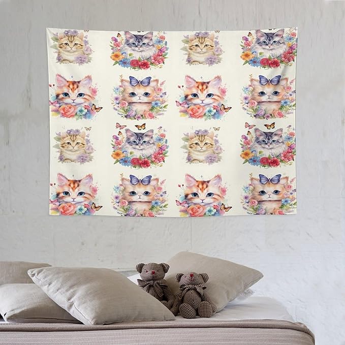 VUMIVI Watercolor Flower Cat Tapestry Colorful Cartoon Cute Animals Butterflies Abstract Art Print Tapestry Wall Hanging for Living Room Bedroom Dorm Classroom Aesthetic Decor W40xL30in