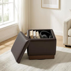 Swivel Storage Ottoman with Hidden Compartment, Square Faux Leather Footstool, Solid Acacia Wood Frame, 500 lbs Capacity, No Assembly Required, for Living Room & Bedroom