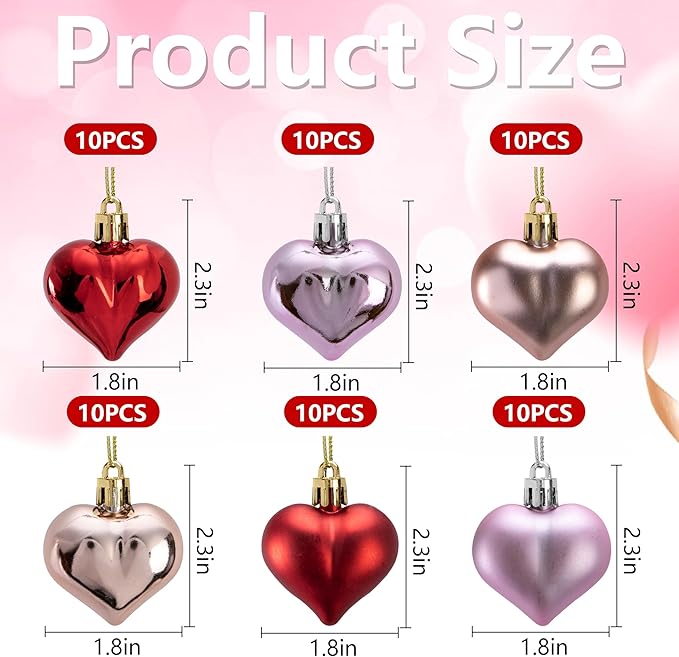 Iceyyyy 60Pcs Valentine's Day Heart Ornaments-Valentine's Mother's Day Heart Baubles Shaped Hanging Ornaments Decoration for Valentine Tree Wedding Anniversary Party