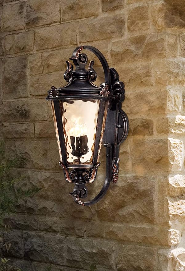 John Timberland Casa Marseille European Outdoor Wall Fixture Veranda Bronze Brown Ornate Scroll 36" Champagne Hammered Glass for Exterior House Porch Patio Outside Deck Garage Front Door Home