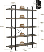 Heavy Duty 5-Tier Industrial Bookcase, 47" Wide Wood Bookshelf for Home Office, 120lbs Shelf Capacity, Rustic Shelving Display with Reinforced Horizontal Shelf for Living Room Bedroom,Grey