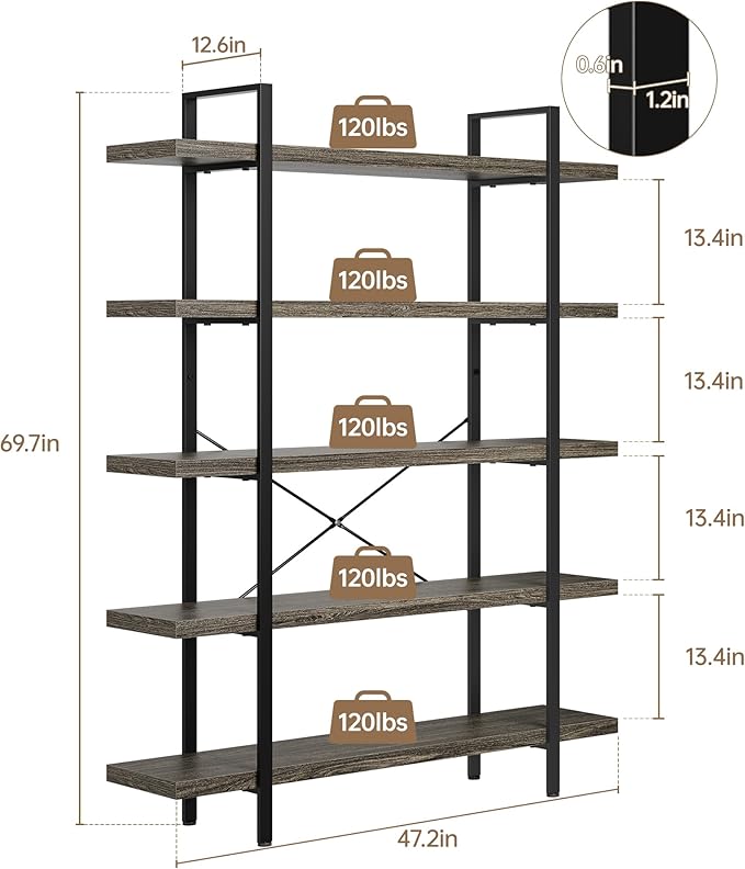 Heavy Duty 5-Tier Industrial Bookcase, 47" Wide Wood Bookshelf for Home Office, 120lbs Shelf Capacity, Rustic Shelving Display with Reinforced Horizontal Shelf for Living Room Bedroom,Grey