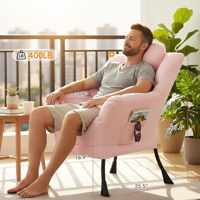 Lazy Chair for Living Room, Large Pink Lounge Accent Chair with a Throw Pillow, Leisure Sofa Chair Set, Comfy Reading Chair for Bedroom, Dorm Room, Office