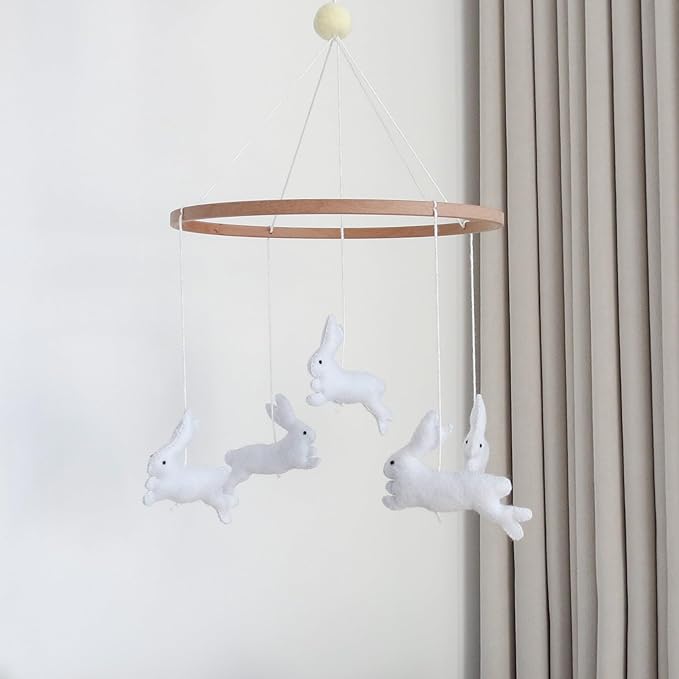Felt Bunny Crib Mobile for Baby Girls Boys, Handmade Wooden Nursery Hanging Decor, Neutral Rabbit Baby Mobile for Crib Bassinet, Cute Crib Toys Hanging