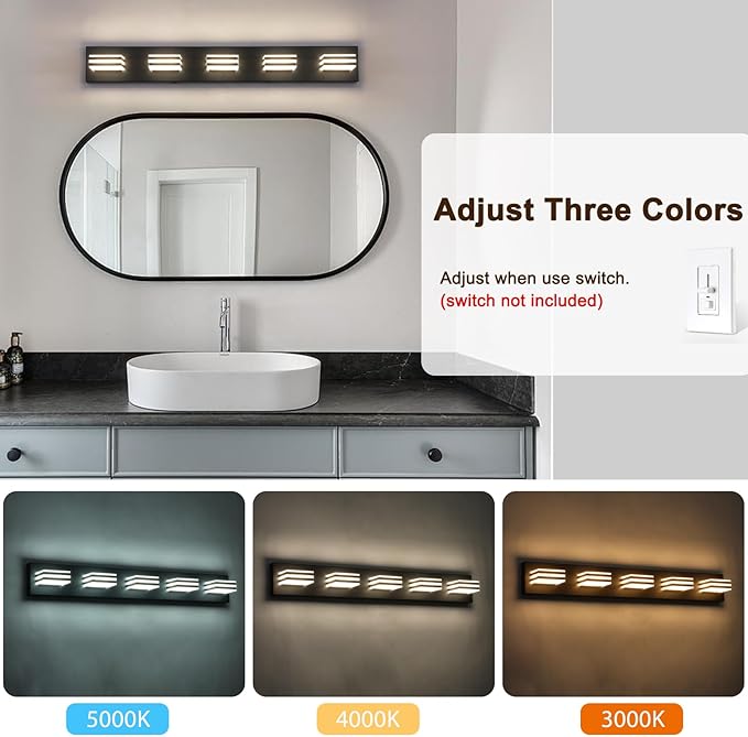 LED Wall Black Vanity Lights for Bathroom Light Fixtures 30W Adjust 3 Colors Modern Bath Lighing Over Mirror Acrylic Heads LED Vanity Light (5-Light,34inch)
