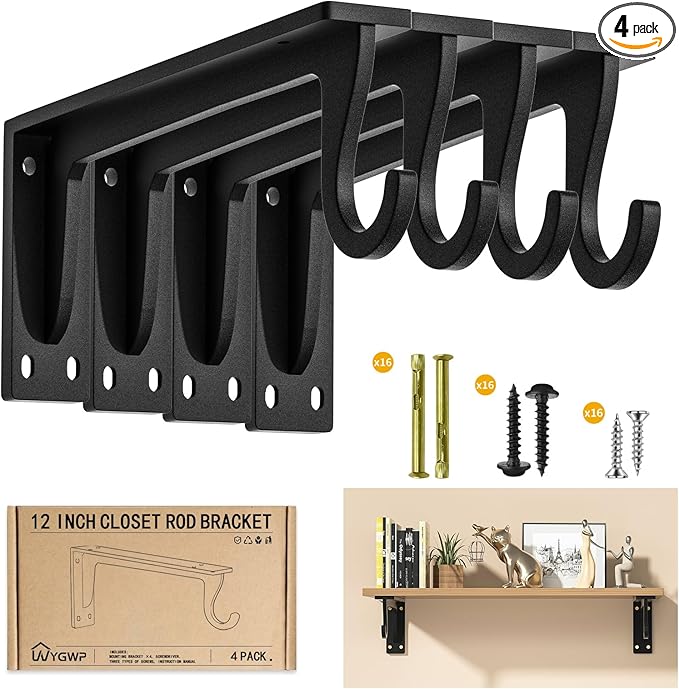 Closet Rod Support Bracket 12inch WYGWP Heavy Duty Closet Rod Holders 400lbs, Wall Mounted Brackets with Hooks for Closets for Home and Decor