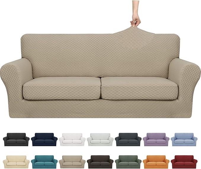 YEMYHOM Latest Checkered 3 Pieces Couch Covers for 2 Cushion Couch High Stretch Sofa Cover with 2 Extra Large Seat Cushion Covers Anti Slip Elastic Slipcovers (Khaki), 71"-91"(2 Cushions)