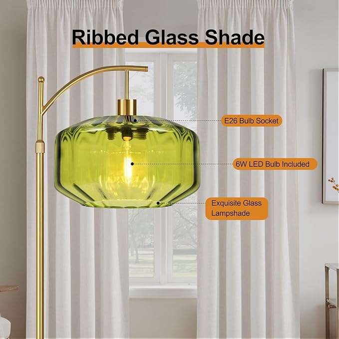 Gold Floor Lamps for Living Room Vintage Floor Lamp with Remote Control & Green Glass Lampshape,Dimmable Floor Lamp Mid Century Modern Standing Lamp Brass Tall Floor Lamps for Bedroom Corner