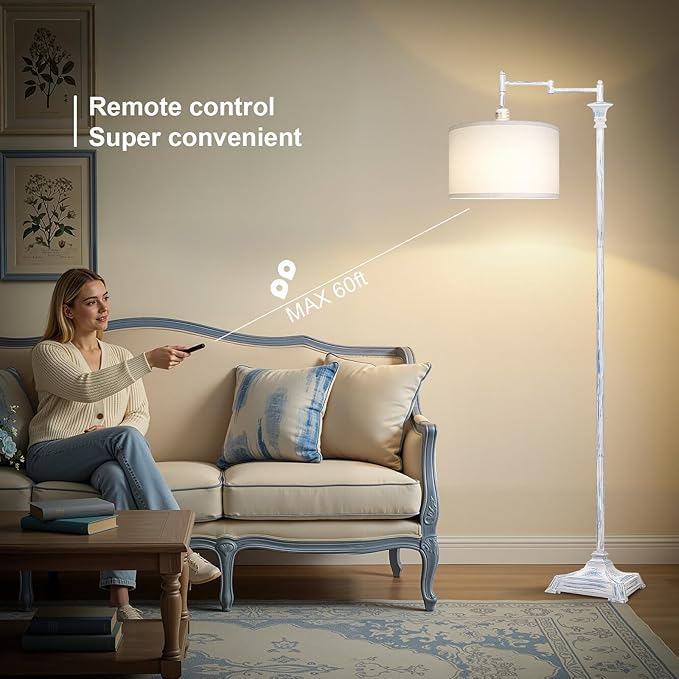 Scenekoy Rustic 68″ Tall Floor Lamp for Living Room Bedroom, Washed Blue Finish, Remote Control, 350º Adjustable Swing Arm, Smart LED Standing Lamp with Linen Shade, Decor for House Home Office