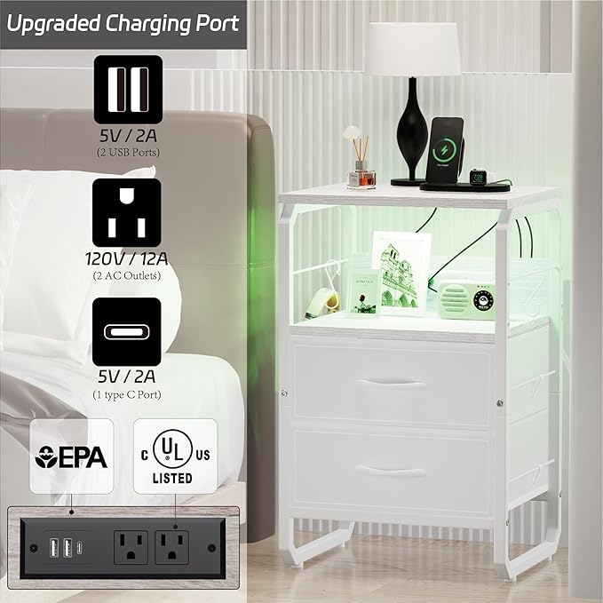 LED Nightstand, White Night Stand with Charger Station, Bed Side Table with Storage, Bedside Table with Drawers & Hooks, End Table with USB Ports & Outlets, Night Table for Living Room, Dorm