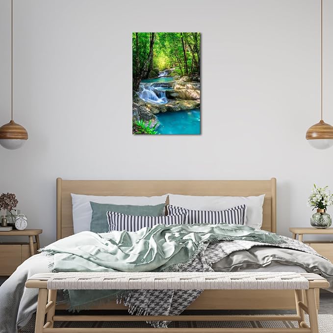iKNOW FOTO 16x24 Single Piece Canvas Wall Art Nature Landscape Pictures Green Forest Waterfall Poster Canvas Prints Framed Artwork Spa Bathroom Bathroom Room Decor