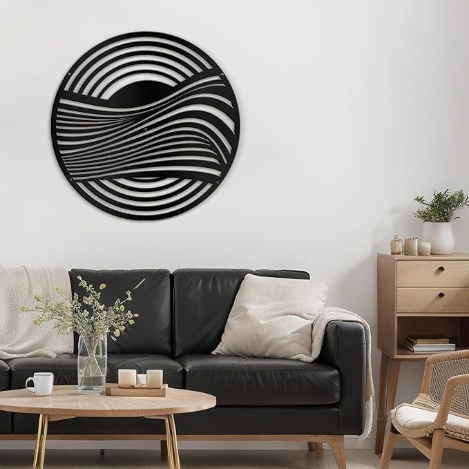 SIGNLEADER Metal Wall Art Decor Black Circle Stripes Minimalist Modern Abstract Wall Sculpture Hangings Home Decoration for Living Room, Bedroom, Bathroom, Kitchen, Outdoor - 30" Black