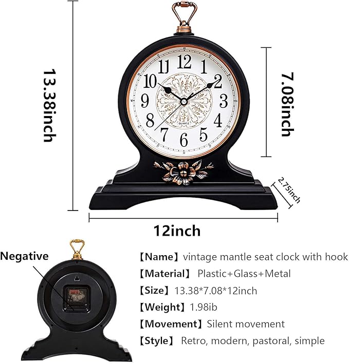 rnuie Desk Clock for Table Decor, Retro Mantel Clock Battery Operated for Fireplace Mantel, Living Room, Bedroom, Office, Desktop Decoration(Second Black)