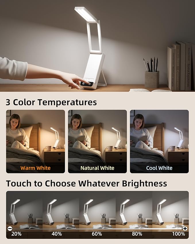 EZVALO LED Rechargeable Desk Lamp, 6000mAh Battery Operated Foldable & Portable Light,90Ra Cordless Table Lamp for Office Home, 3 Color Dimmable Small Desk Lamp Wireless Reading Lamp
