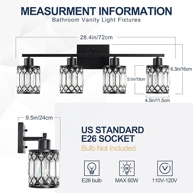 Crystal Modern Bathroom Light Fixtures, 4-Light Black Bathroom Vanity Wall Light, Vanity Lights for Mirror, Restroom, Bedroom (E26 Socket, Bulbs Not Included)
