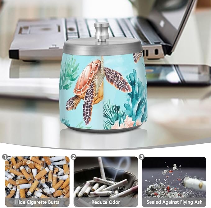 Aqua Sea Turtles Corals Ashtray with Lid, Outdoor Ashtrays for Patio, Stainless Steel Ashtray Odorless Smokeless for Home Office Balcony