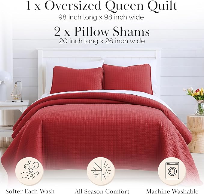 Southshore Fine Living, Inc. Full/Queen Quilt Bedding Set, Microfiber Quilts Queen Size, Coverlet, Stain & Pet Hair Resistant Bedding, Full Size Bedspread with 2 Pillow Shams, Chili Pepper Red