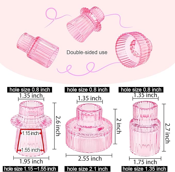Double Sided Vintage Ribbed Taper Glass Candle Holders,Tea Candle Holder for Table Centerpieces, Wedding Decorations and Dinner Parties (Pink, 6 PCS)