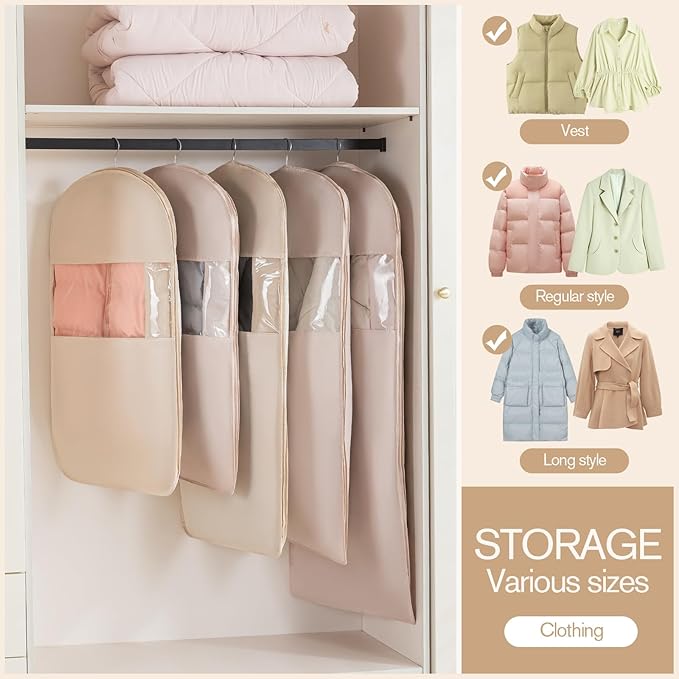 2 Packs Gusseted Garment Bags for Hanging Clothes Suit Bags for Open Closet Storage, Side Clear Clothing Cover for Coat, Dress, Jacket, Shirt, Fur Wardrobe Protector, (ecru, 52 inch)