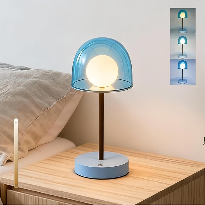 Nordic Bedside Lamp, LED Rechargeable Small Table Lamp with 3CCT & Stepless Dimming, Battery Powered Small Table Light for Bedroom Desk and Decor (Sky Blue)