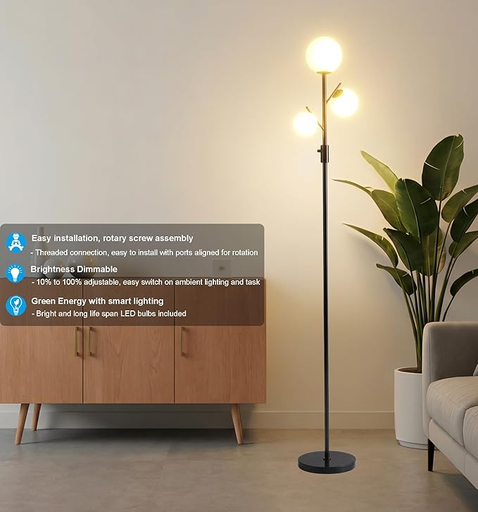 Fiqevs Dimmable Mid Century 3 Globe Floor Lamp with 3 Head Sphere Frosted Glass Shade and Bulbs Included, Modern Black Standing Lamps for Living Room Bedroom Office