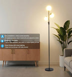 Fiqevs Dimmable Mid Century 3 Globe Floor Lamp with 3 Head Sphere Frosted Glass Shade and Bulbs Included, Modern Black Standing Lamps for Living Room Bedroom Office