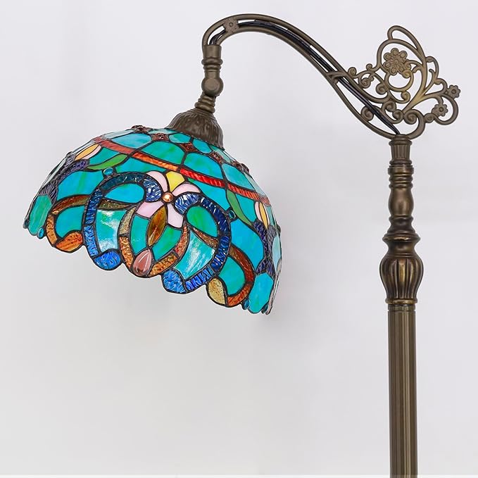 Tiffany Floor Lamp Stained Glass Lamp 18.88X12X67 Inch Angle Adjustable Arched Gooseneck Antique Reading Light (Green Brown Jewelry Baroque)