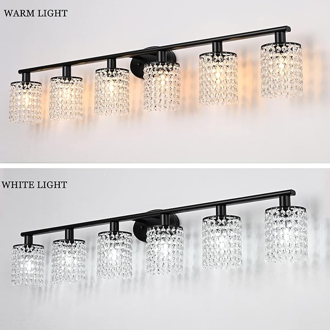 6-Light Bathroom Light Fixtures,Crystal Black Vanity Lights for Bathroom,Modern Bathroom Lights Over Mirror,Modern Black Wall Lights