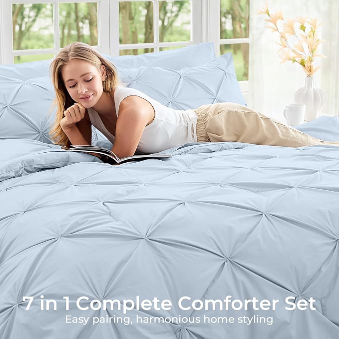 Sasttie King Size Comforter Set, 7-Piece Bed in a Bag, Pintuck Bedding Sets for All Season, Includes Comforter, Flat Sheet, Fitted Sheet, Pillowcases and Pillowshams, Light Blue