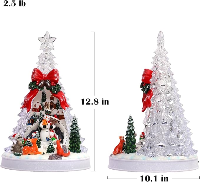 Christmas Village Scene Tree Animated with Rotating Snowman LED Lights Christmas Decorations for Home Gifts Light Up Music USB/Battery Collectible Buildings Figurines