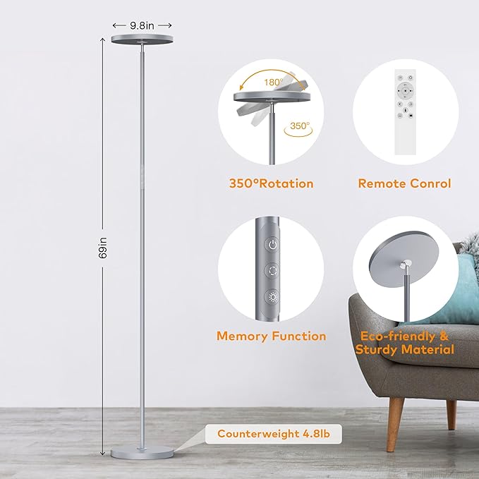 Floor Lamp,Bright 36W 3500LM Standing Lamp with Remote, 2700K Soft White to 6500K Cool White Adjustable,Touch Control Dimmable Torchiere Tall Light for Living Room,Bedroom,Office,Sofa(Gray)