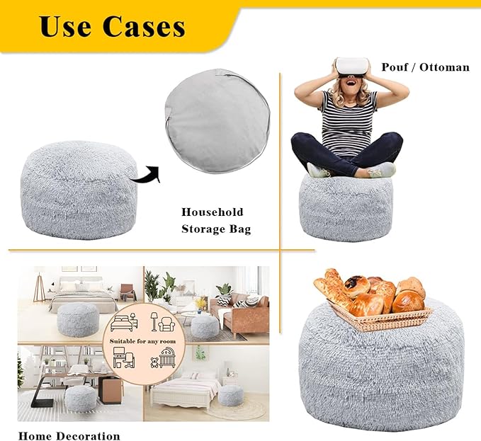 Asuprui Fur Ottoman Stool Unstuffed Footstool Cover Floor Pouf Foot Rest No Filler 20x20x12 Inches Round Poof Seat Foldable Floor Chair Storage for Living Room Bedroom Misty Gray Pouf Cover