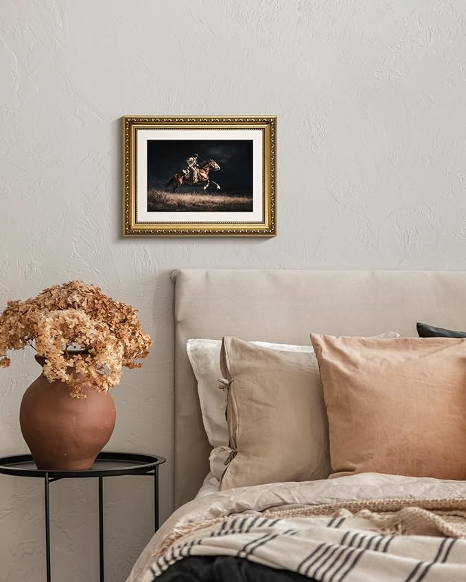 ARPEOTCY Gold Framed Canvas Wall Art, 11x14 Inch Vintage Western Cowboy Night Ride Painting, Dark Rustic Horse Artwork, Classic Cowboy Decor for Living Room, Bedroom, or Office