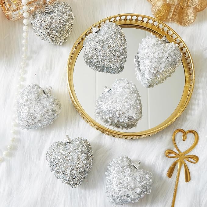 Silver Valentine's Day Heart Tree Ornaments 10Pcs Glitter Sequin Heart Shaped Baubles Decoration Valentines Pearl Foam Hanging Decor(2.36in)