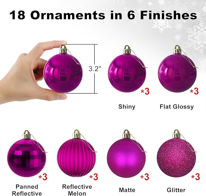 Fuchsia 3.2" Large Christmas Balls - Christmas Tree Decoration Ornaments Shatterproof Hanging Balls for Birthday Halloween Holiday Wedding Decorations Set of 18pcs