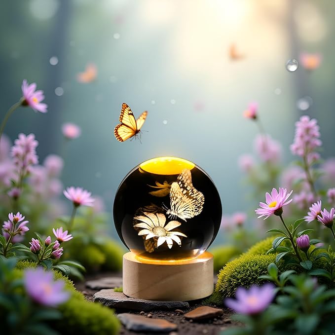 3D Butterfly Flower Crystal Ball with Wooden Light Base Glass Butterfly Figurine Gifts for Women Mom Butterfly Statue Home Decor on Mother's Day Birthday Valentine Christmas (Diameter 2.36 inches)