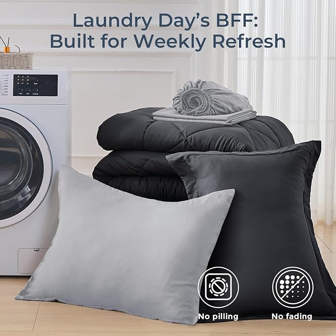 HEVUMYI Twin Comforter Set - 5-Piece All Season Bed in a Bag Twin, Ultra Soft Bedding Set with Comforter, Flat Sheet, Fitted Sheet, Pillowcases, Pillow Shams, Dark Grey & Light Grey