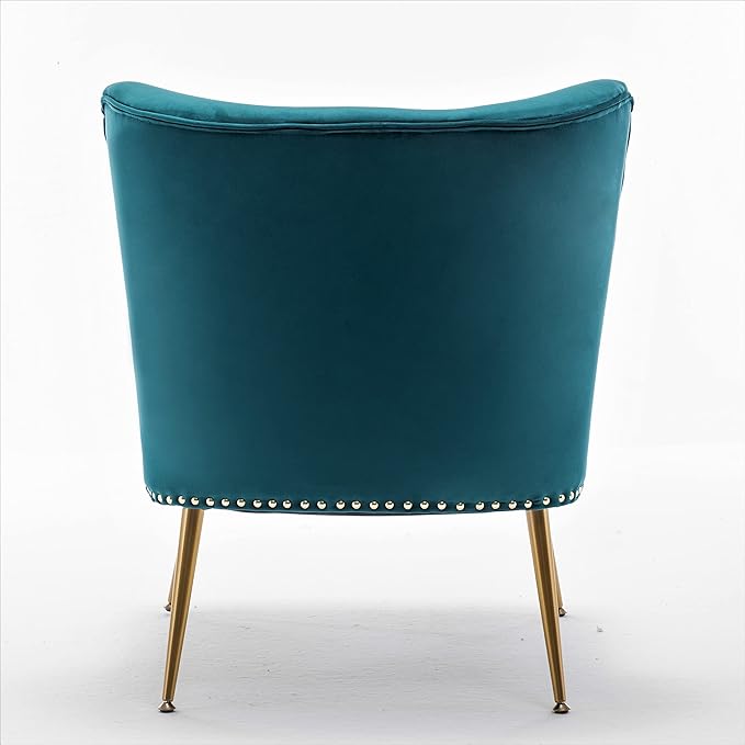 Thia Armless Velvet Accent Chair for Living Room, Elegant Seat with Nailhead Trim, Gold Metal Legs and Comfortable Curved Back, 28" D x 25" W x 29.5" H, Bluish Green