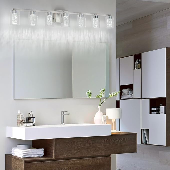 SineRise 7-Light Brushed Nickel Vanity With 3 Color Modes (3000K/4000K/6000K), Eye Protection LED Bathroom Fixture, Dimmable Modern Wall Light Over Mirror With Clear Glass Shade