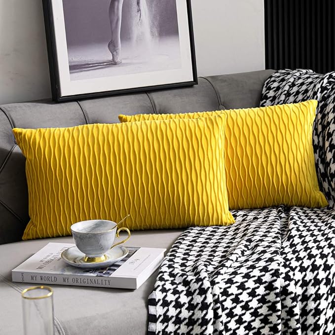 Mustard Yellow Couch Pillow Covers: 2 Pack 12x20 Inch Original Striped Velvet Rectangular Throw Pillow Cases for Farmhouse Home Decor