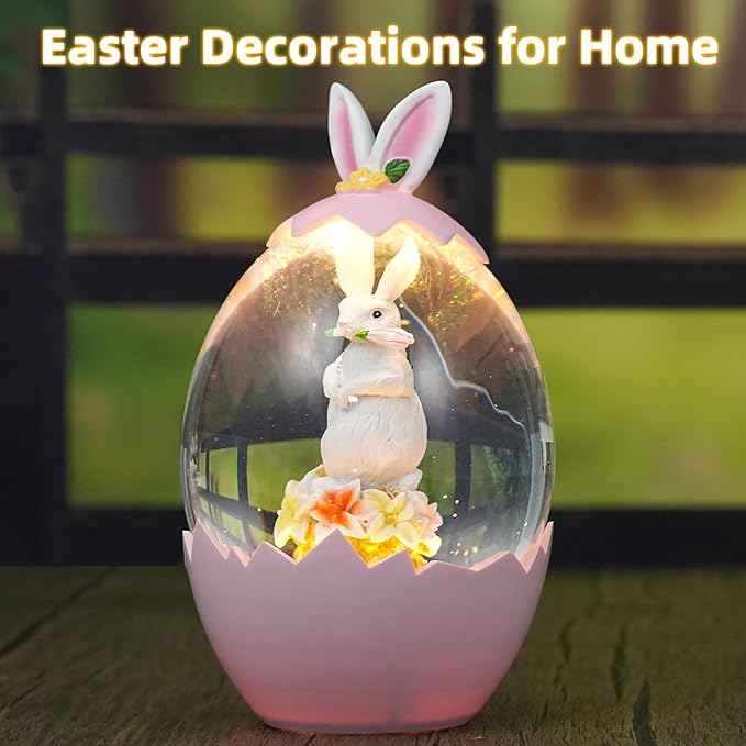 Easter Snow Globe Decorations for The Home Lighted Bunny Statue with Easter Eggs, Perfect Spring Decor and Gifts, Pink
