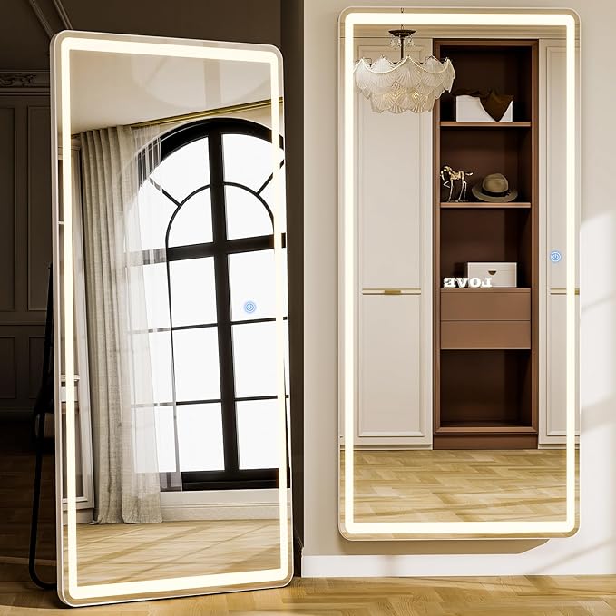 GLSLAND 65"x26" LED Mirror Full Length, Aluminum Alloy Floor Mirrors with Lights, 3 Color Lighting & Dimming for Bedroom Decorative Wall Mounted, White