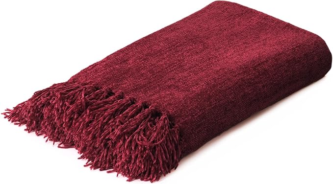Burgundy Red Chenille Throw Blanket for Couch Bed，Soft Cozy Throw Blanket with Handmade Fringe, Decorative Blanket for Sofa Chair Living Room for Gift, (Burgundy Red)