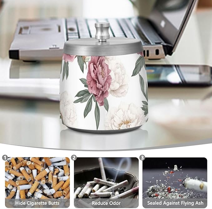 Peony Flower Ashtray with Lid, Outdoor Ashtrays for Patio, Stainless Steel Ashtray Odorless Smokeless for Home Office Balcony