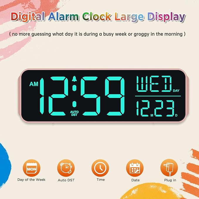 Peakeep Kids Digital Alarm Clock for Bedrooms, Date Day of Week Large Display Numbers 6 Brightness Dimmer, 5 Volume Loud for Heavy Sleepers, 8 RGB Colors Electric Desk Clock Battery Backup, Auto DST