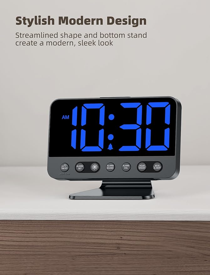 Digital Alarm Clocks for Bedrooms: Large Bold Number 5 Brightness Dimmer - Easy to Read Across The Room - 5 Alarm Sound 8 Night Light - Black