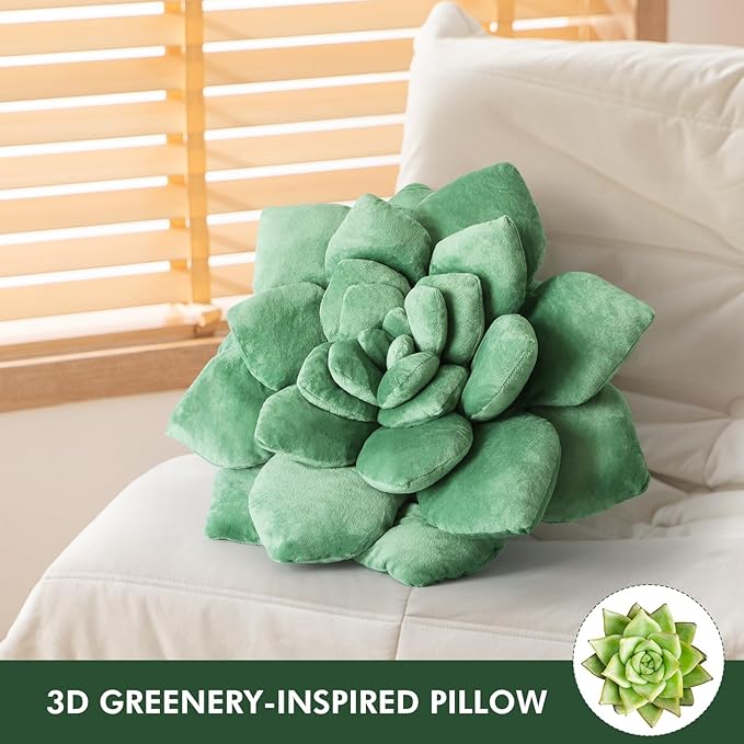 3D Shaped Pillow - 13.8'' Flower Pillow, Plant Cushion for Bedroom, Home Decor - Soft Plush Decorative Throw Pillow, Unique Green Plant-Shaped Design